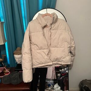 Off white puffy jacket 
Waist cord 
Zipper